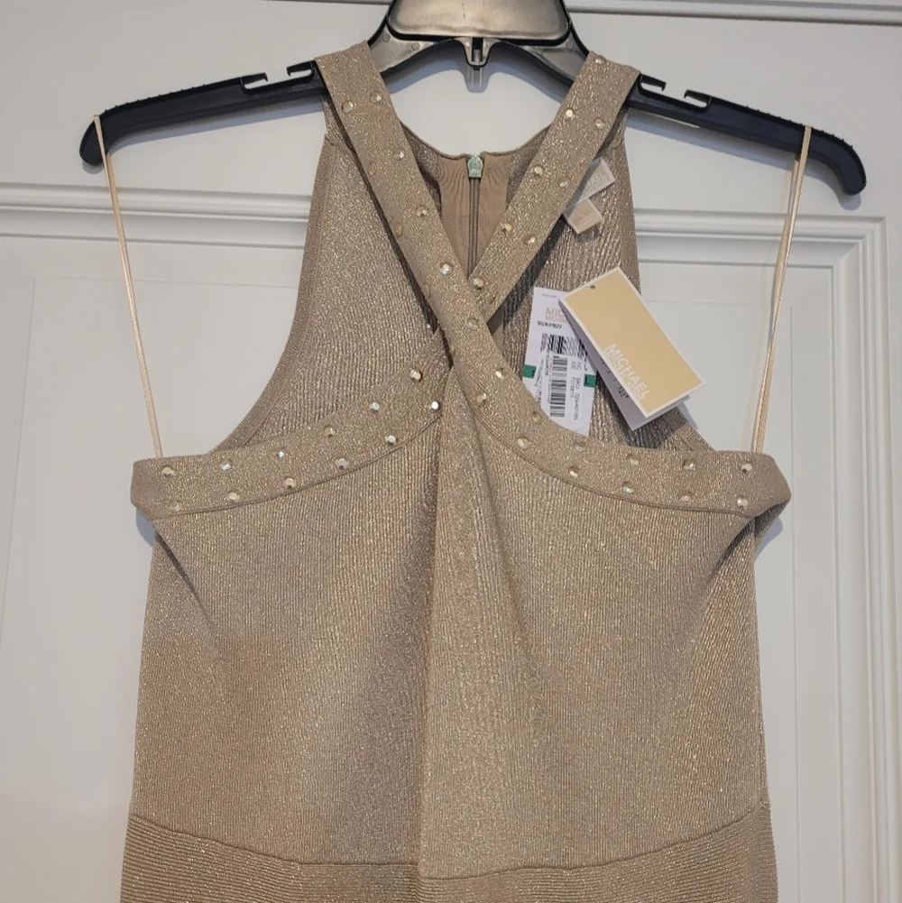 NWT Michael Kors Gold Studded Criss Cross Halter Midi Dress L